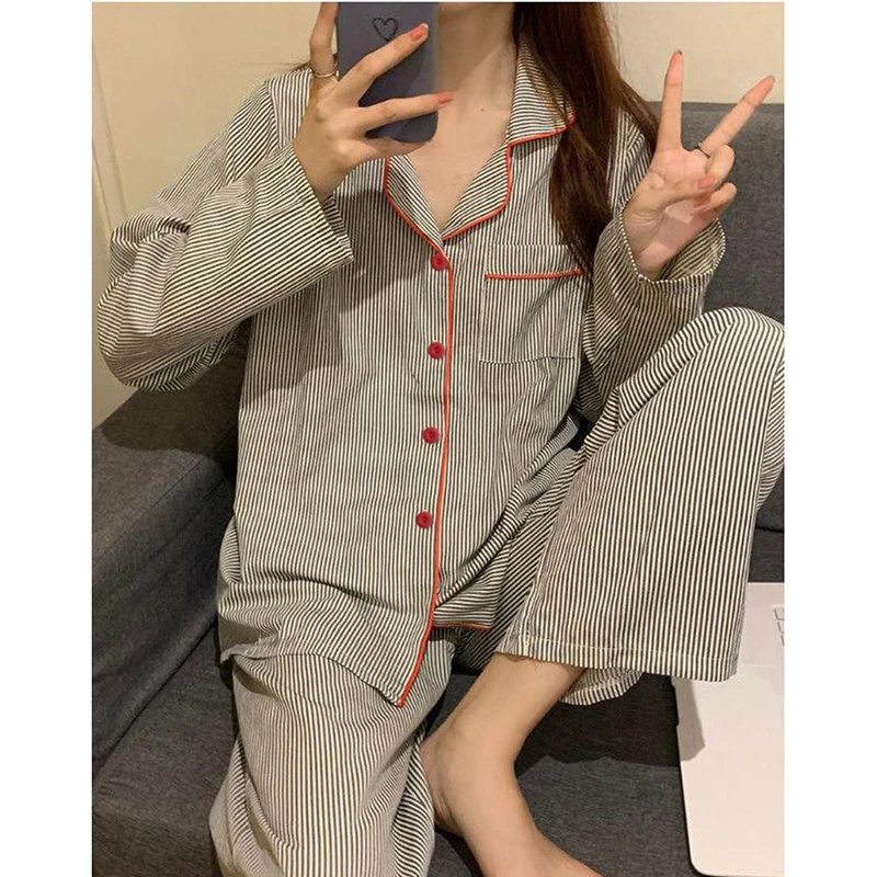 Striped Sleepwear Women Pajama Sets Pocket Piiama Korean Night Wears Autumn Pants Sets 2 Pieces Button Long Sleeve Home Suit New