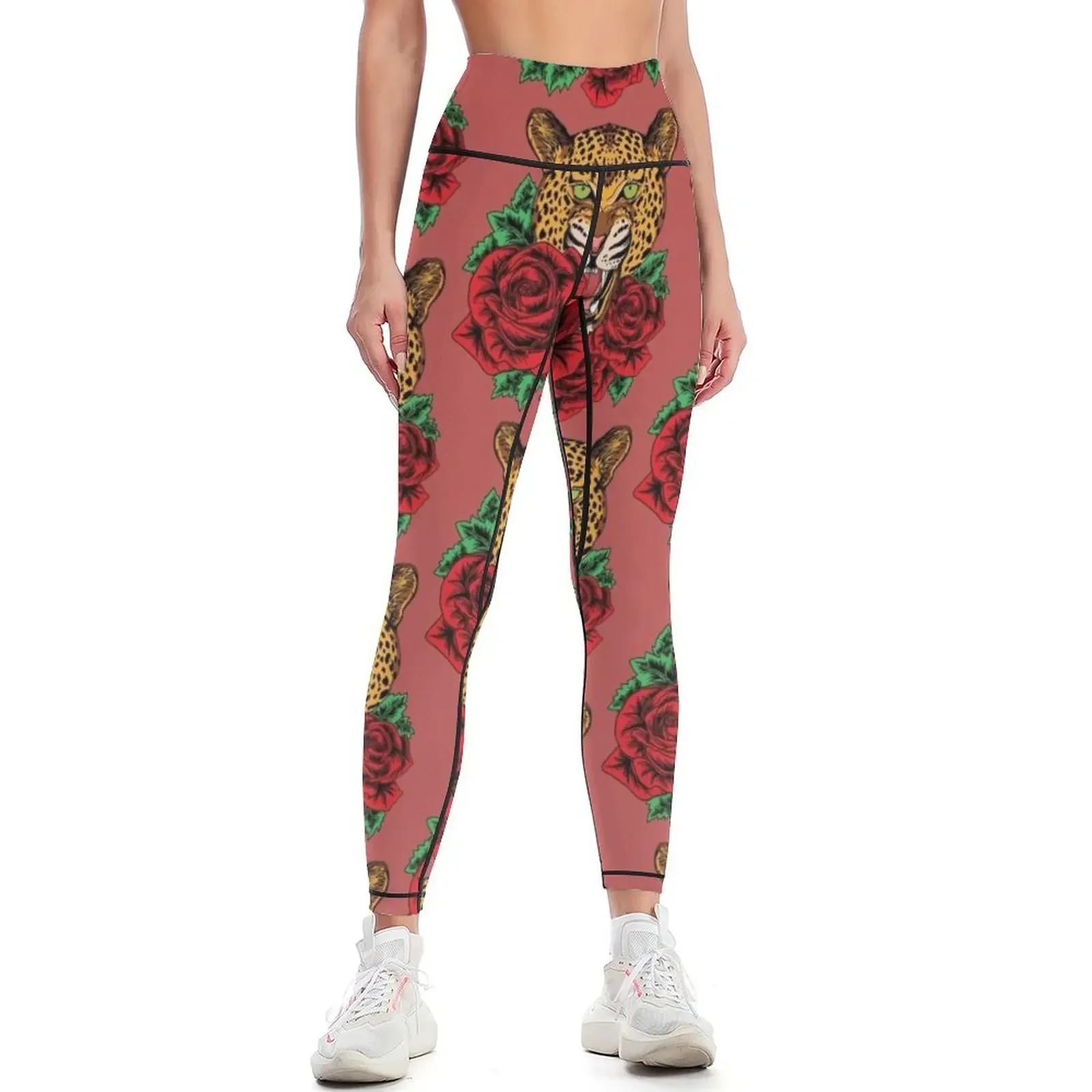 

Roaring leopard cheetah with red roses artwork illustration Leggings legging gym for physical Sports pants woman Womens Leggings