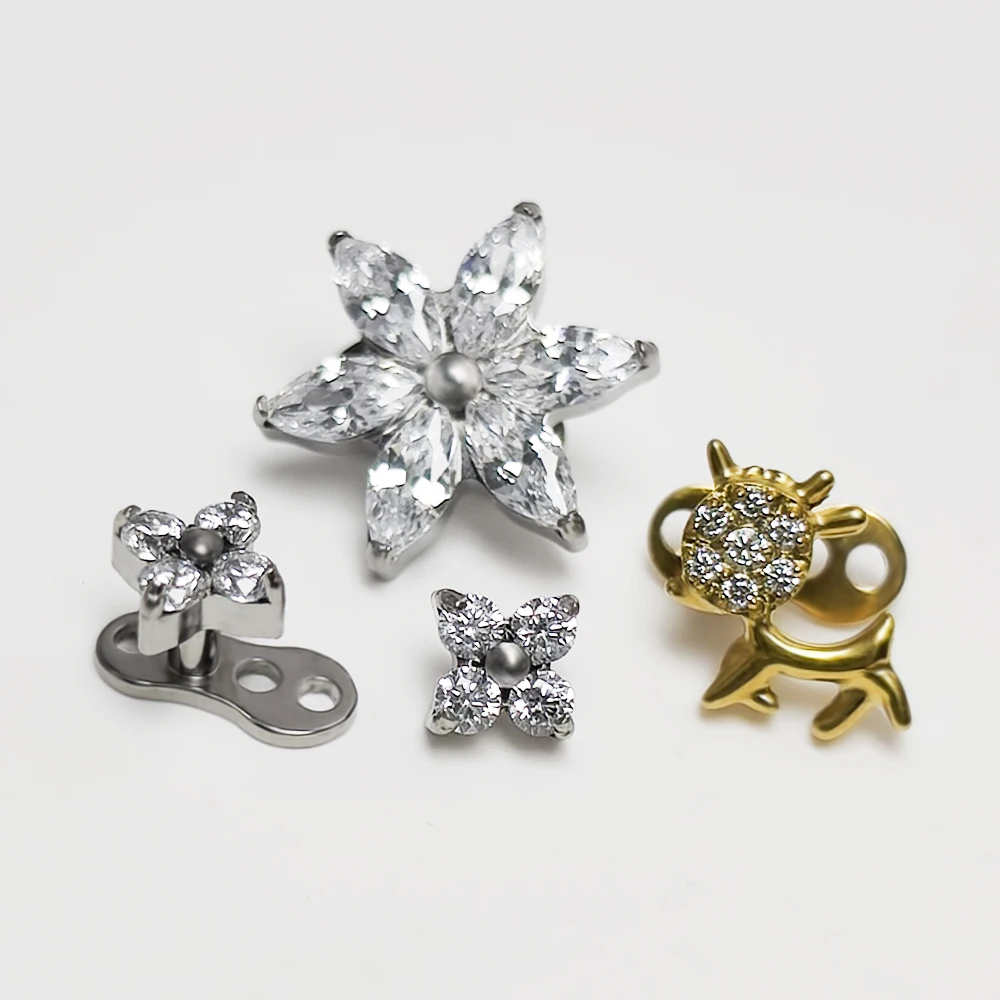 G23 Titanium Piercing Butterfly Microdermals Flower Zircon Dermal Anchor Internal Thread Piercing Skin Diver Body Jewelry 16G