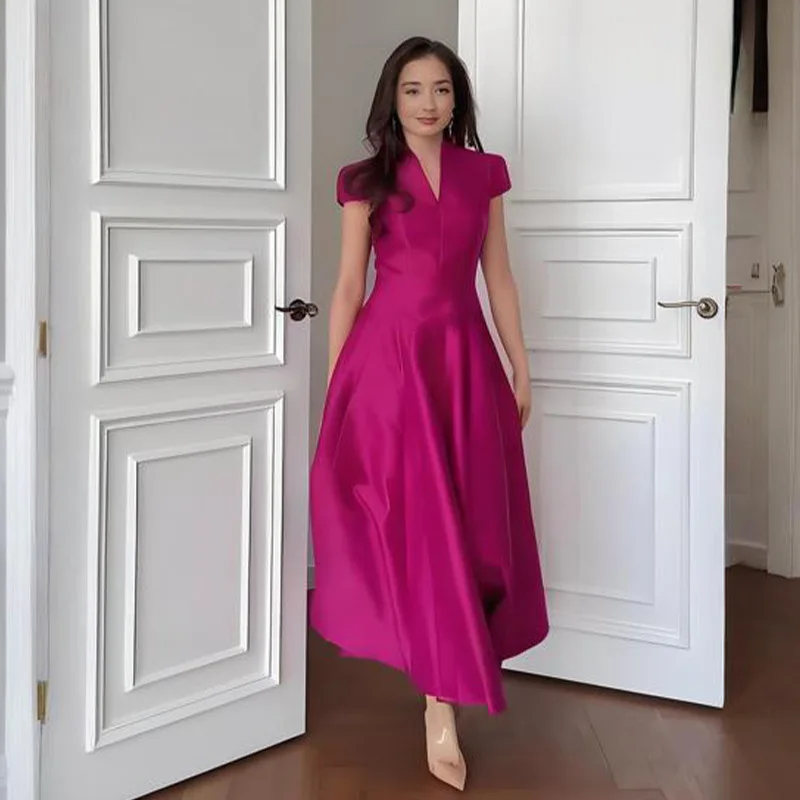 Women Elegant V Neck Cap Sleeve Satin A Line Long Evening Dress Formal Party Maxi Gown