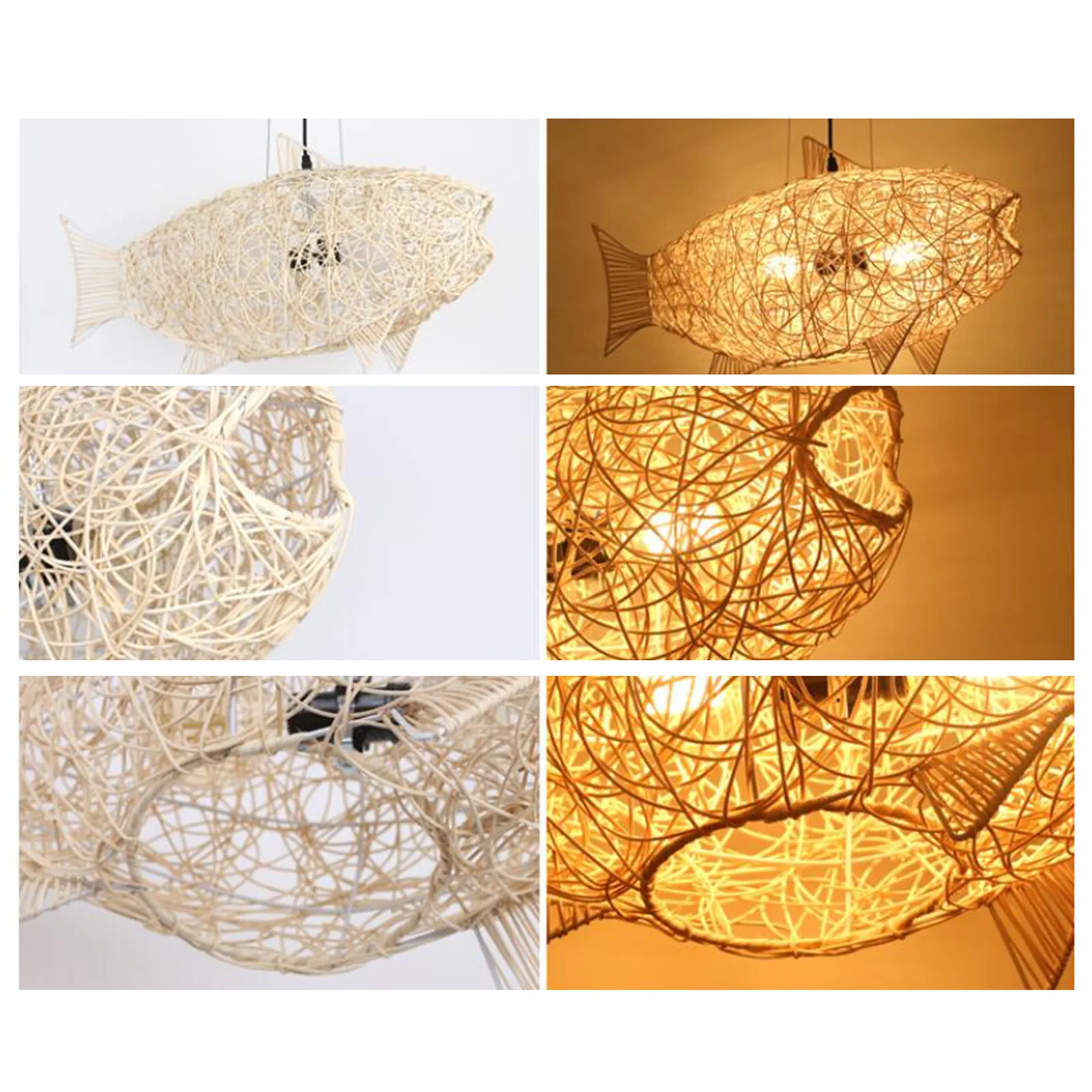 Fish Shaped Lantern Woven Rattan Pendant Light Natural Wicker Ceiling Hanging Bamboo Fish-Shaped Lampshade Retro Fish Lampshade