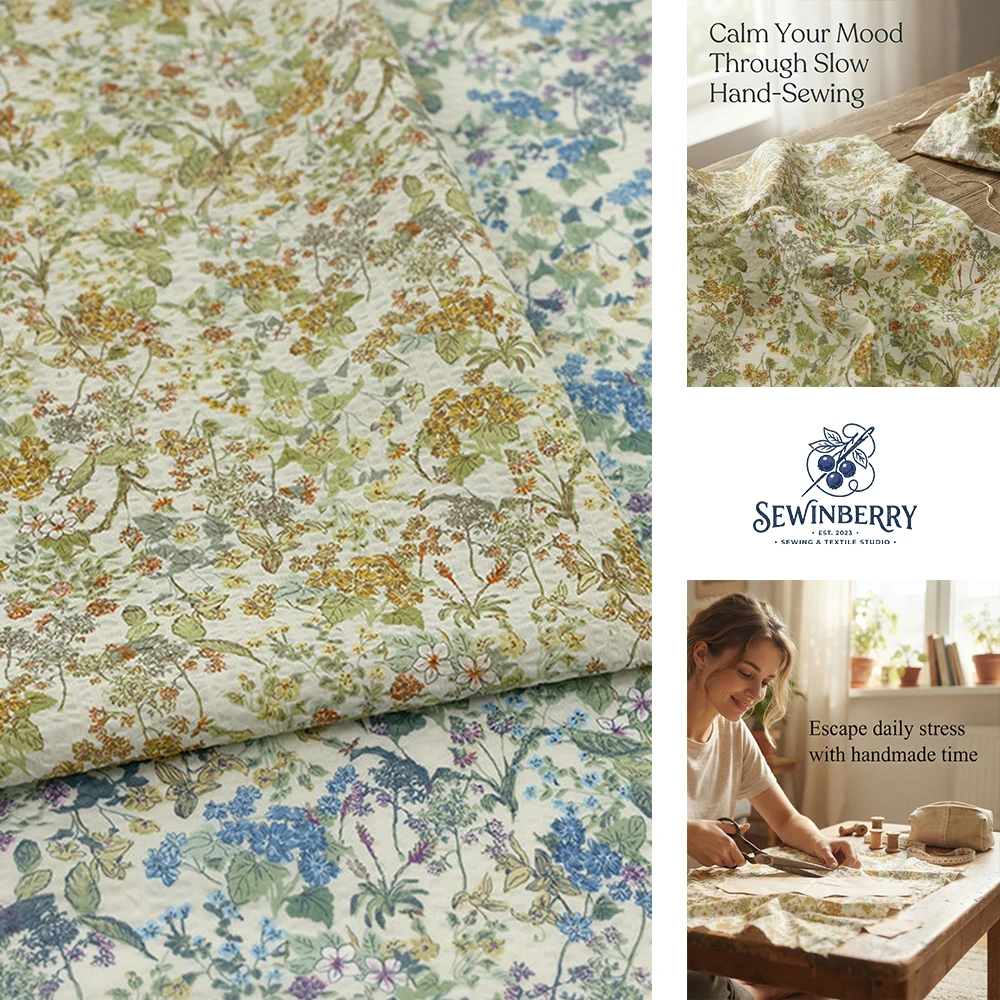 Pastoral Wildflower Floral Crinkled Printed Cotton Fabric Stress-Relief DIY Sewing Material For Dress Blouse Projects
