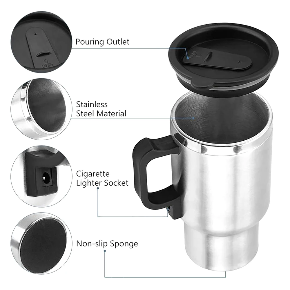 450ml Car Heating Cup 12V Stainless Steel Electric Water Cup Kettle Heated Coffee Mug Cup for Traveling Car Accessories