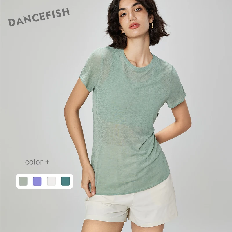 DANCEFISH Slub Yarn Summer New Breathable Thin Sports Top Women's Hollow Cross Back Round Neck Fitness Short Sleeve Yoga Shirt