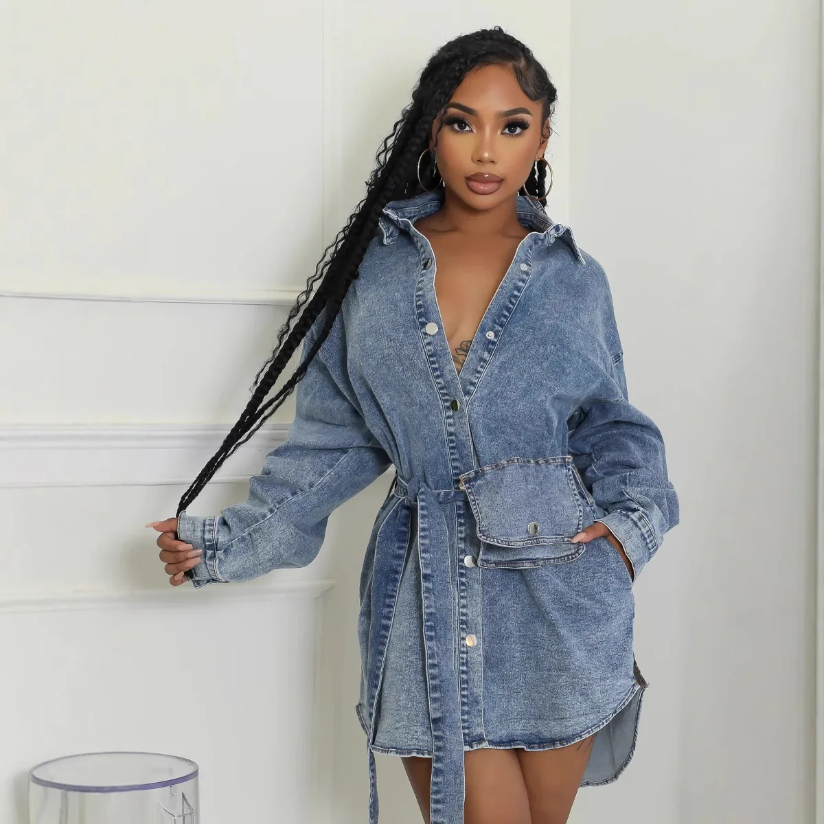 

Denim Jacket Women Mid Length Coat Vintage Washed Lace Up Single Breasted Turn Down Collar Pocket Autumn Streetwear Outerwear
