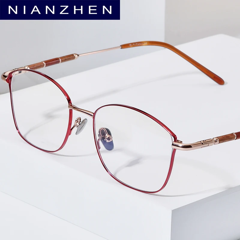 NIANZHEN Titanium Glasses Frame Sandalwood Leg Men Square Brand Design Eyeglasses Women Retro Ultralight Eyewear Spectacles 625