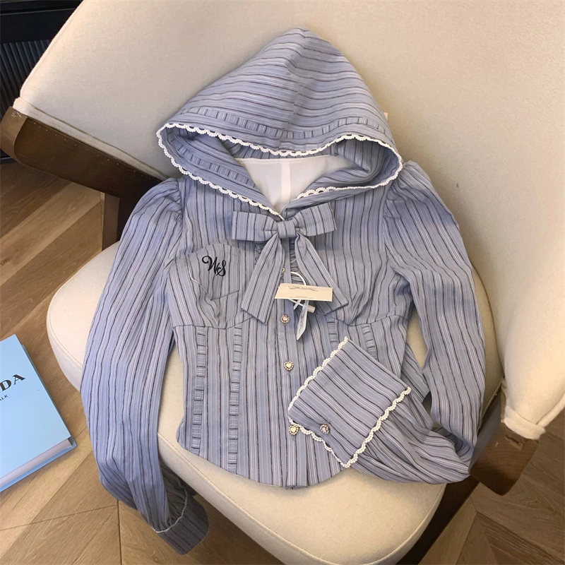 

Women's Blue Striped Hooded Shirt with Bowtie French Elegant Fashion Aesthetic 2000S Style College Retro Top Shirt Clothing 2025