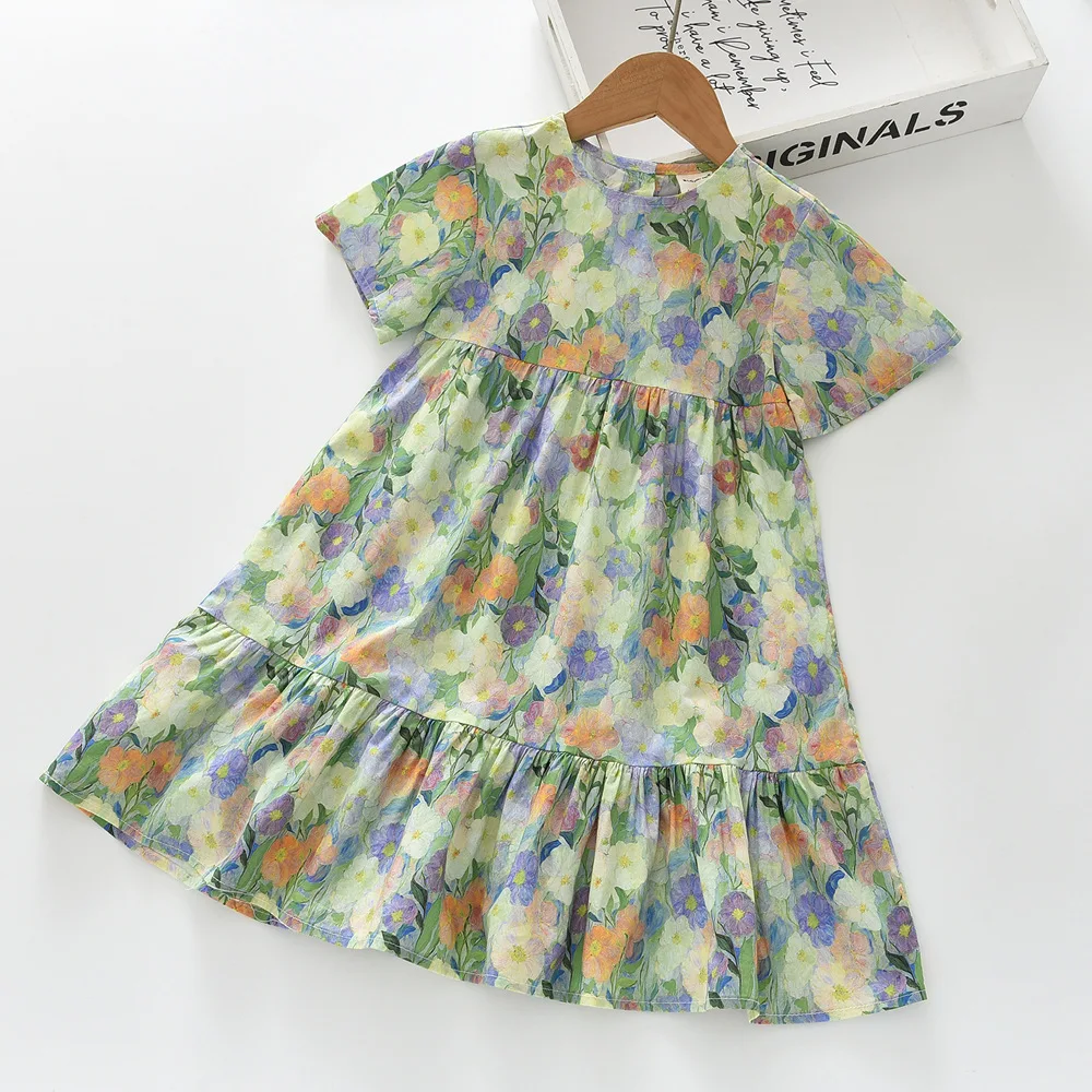 2026 summer new cotton dress for girl flower print crew neck short-sleeved vest dresses