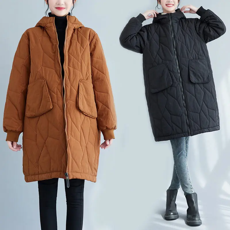 

Large Size Diamond Padded Jacket Women's Mid-Length Loose Thickened Lightweight Coat Hooded Trendy Autumn Winter Clothing T567