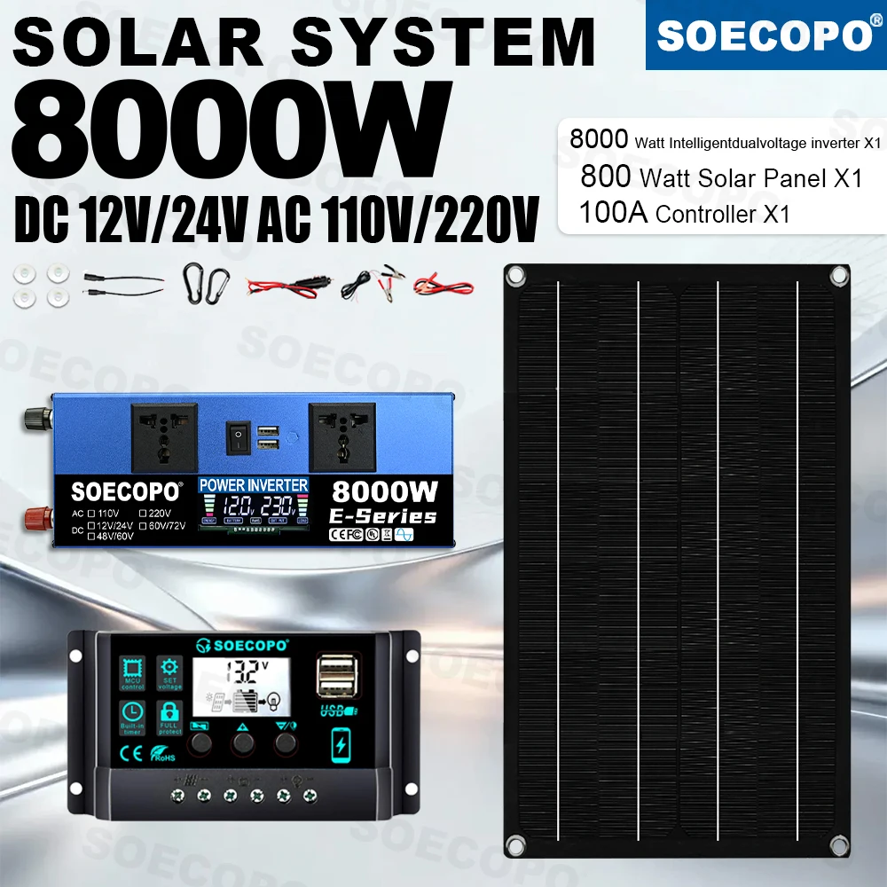 SOECOPO 8000W Peak Solar System Kit 800W Panel 100A Controller 12V 110V 220V Inverter Generator for Camp Home charger off grid