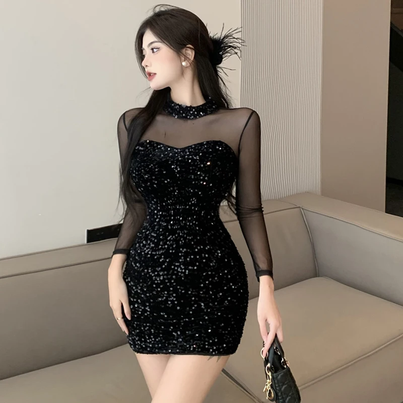 

Woman Dress Sexy Sequins Patchwork See Through Slim Elegant Party Dresses Ladies Clubwear Long Sleeve Slim Fashion