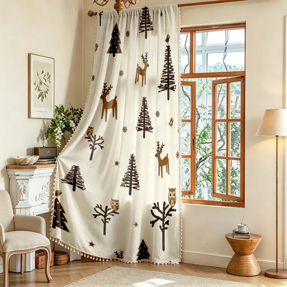 1PC Christmas Winter Tassel Sheer Curtains, Reindeer Snowflake, Digital Print, Polyester, Bedroom Living Room, Home Decor