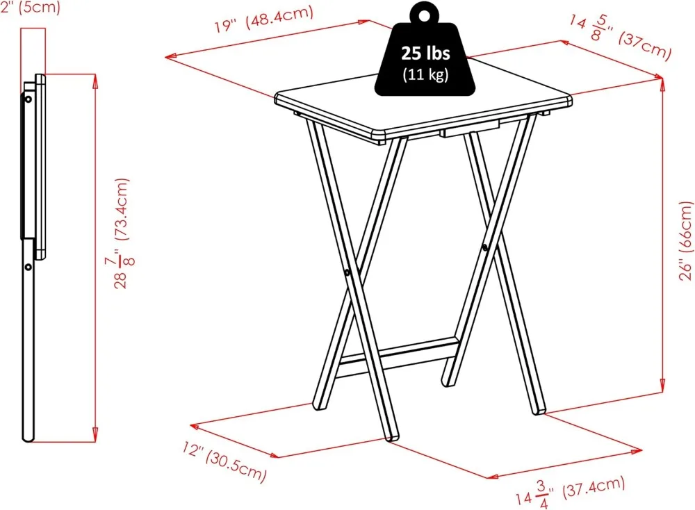 Juego de mesa plegable para refrigerios con soporte, acabado en nogal, 4 mesas para salón, 26 pulgadas