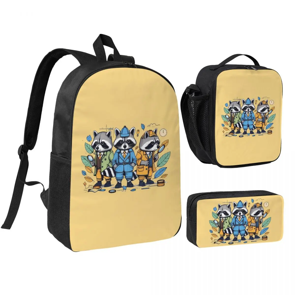 Raccoon Detectives Backpack Boys Girls BookBag School Bag Shoulder Bags 3ps Insulated Lunch Bag Pencil Case
