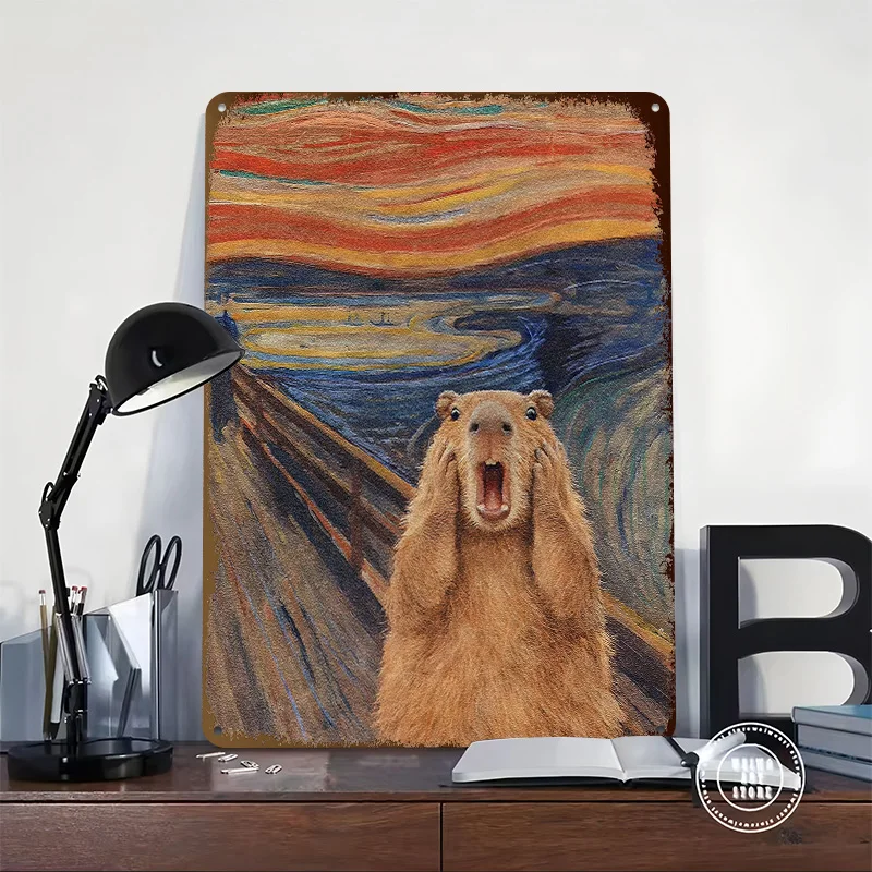 Capybara Screaming in Munch's The Scream Personalized 3D Textured Metal Poster Wall Art Vintage Tin Signs for Mancave Decoration
