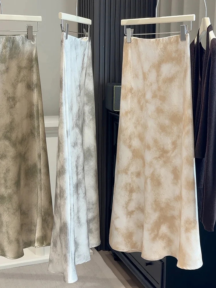 2026 New Tie-dye Satin High Waist Women's Skirts Spring Summer Slimming A-line Fishtail Long Skirt