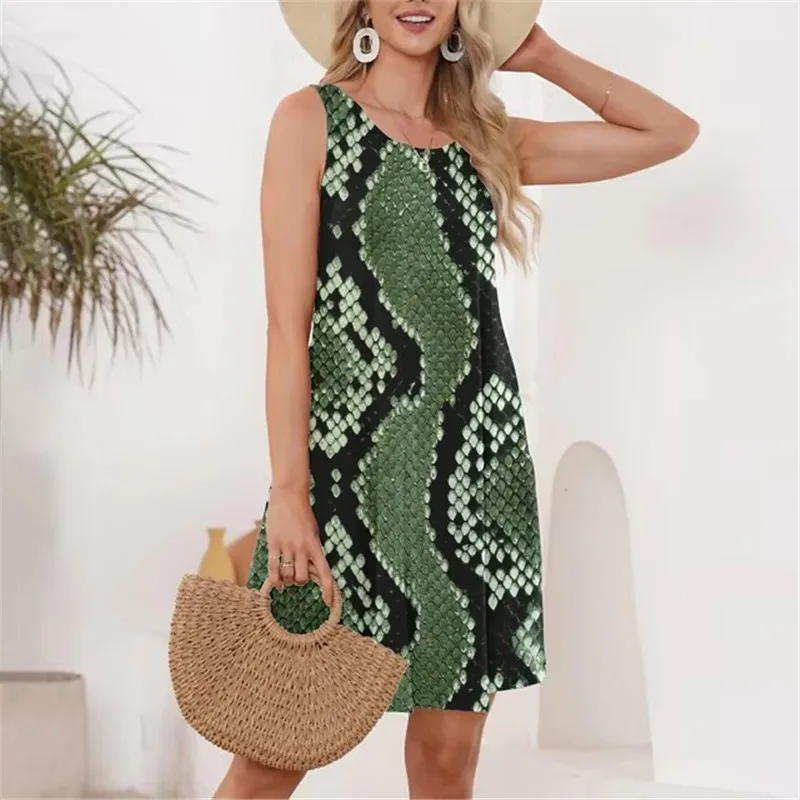 Fashion Python Pattern Women Mini Dresses Summer Sleeveless O-Neck 3D Printed Street Ladies Dress Female Loose Casual Dress