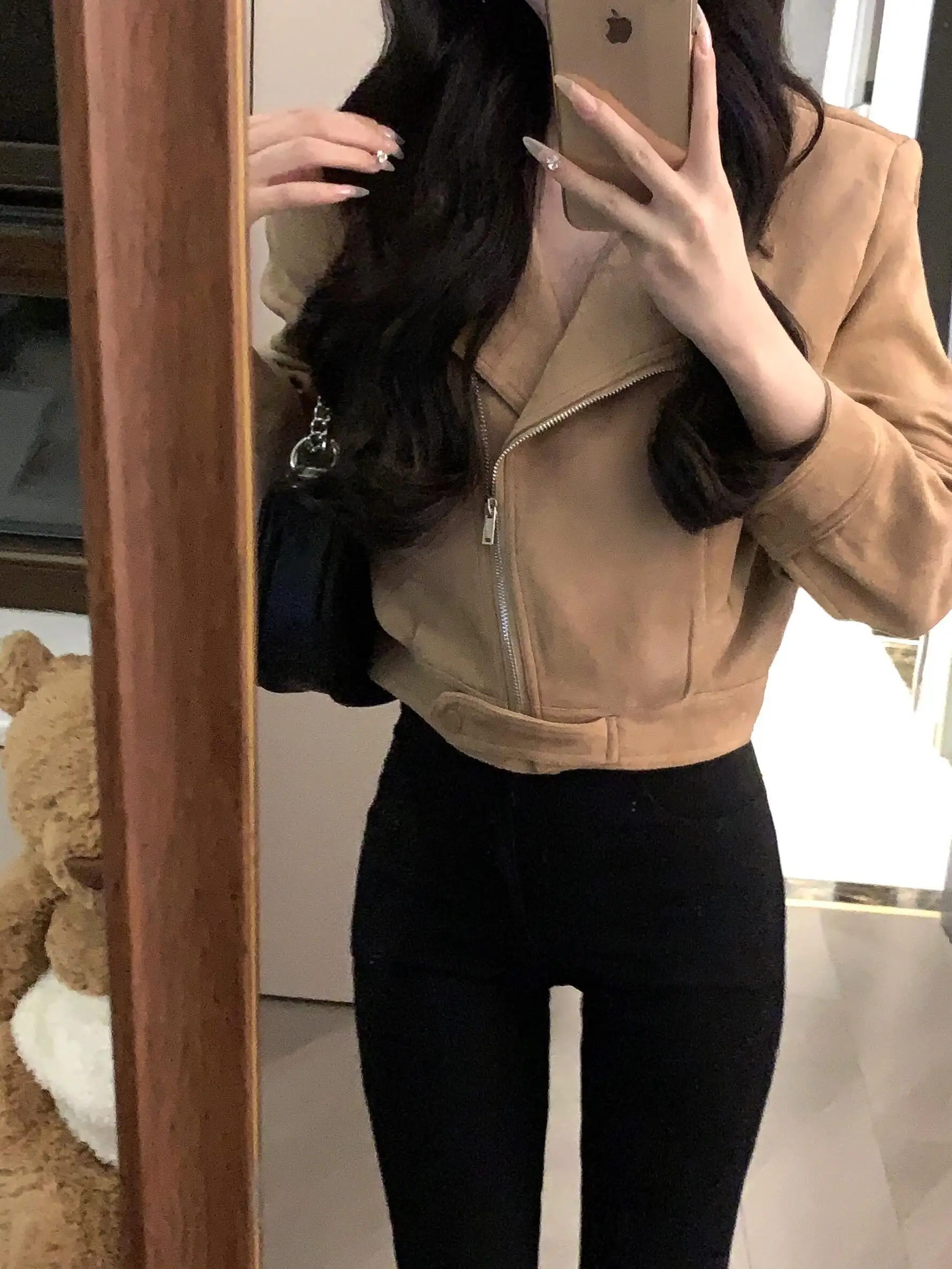 American Style Brown Short Suede Jacket Women's Slim Fit Biker Leather Coat Top Zipper Closure Standard Edition for Spring Au...