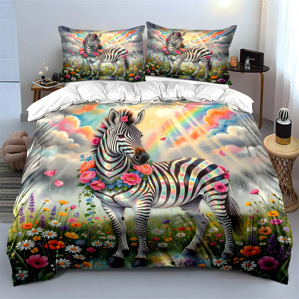 Zebra with rainbow, flowers, meadow Print Soft Comfortable Duvet Cover Bedding Set Included 1*Duvet Cover  2*Pillowcases