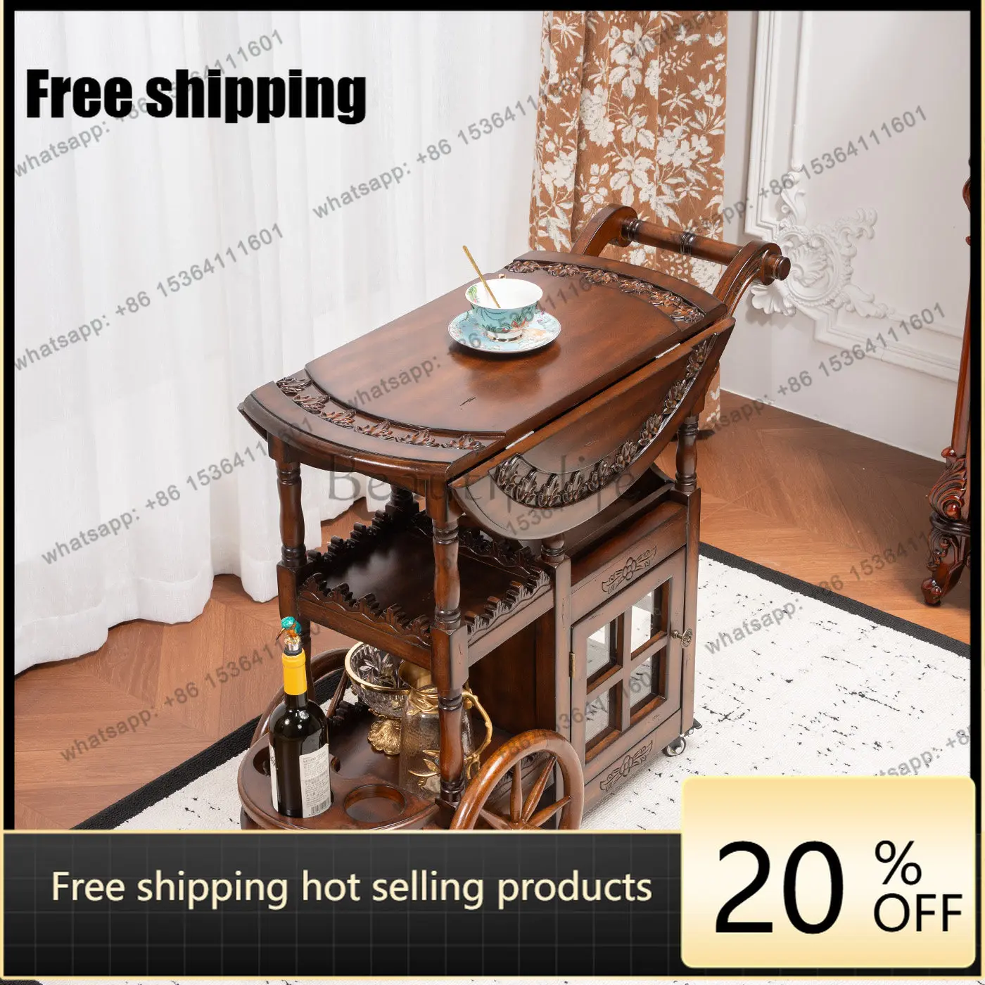 HOT new rubber solid wood push dining cart foldable mobile coffee table with wheels engraved