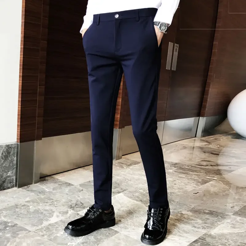 Elastic Business Tressed Male Suit Trousers 9 Cropped Fluid Stretch Social Tailoring Men\'s Summer Pants Draped Slim Fit Fabric