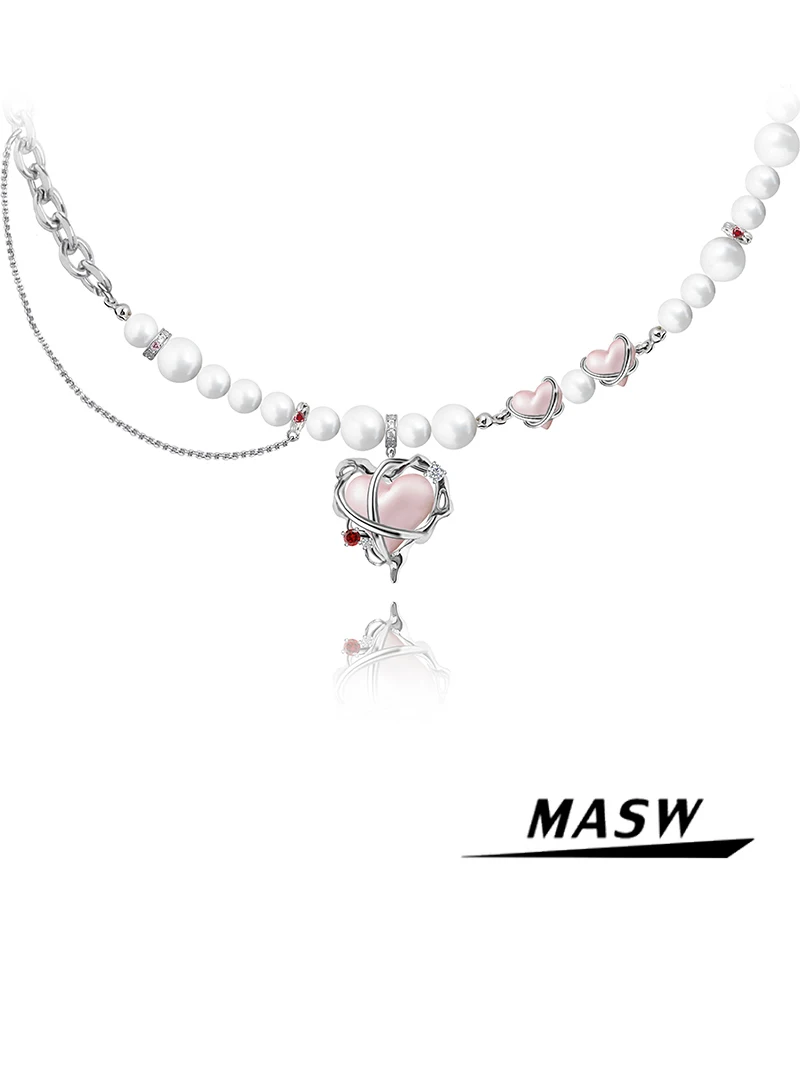 MASW original design pink love beaded necklace light luxury women's high-end neck chain