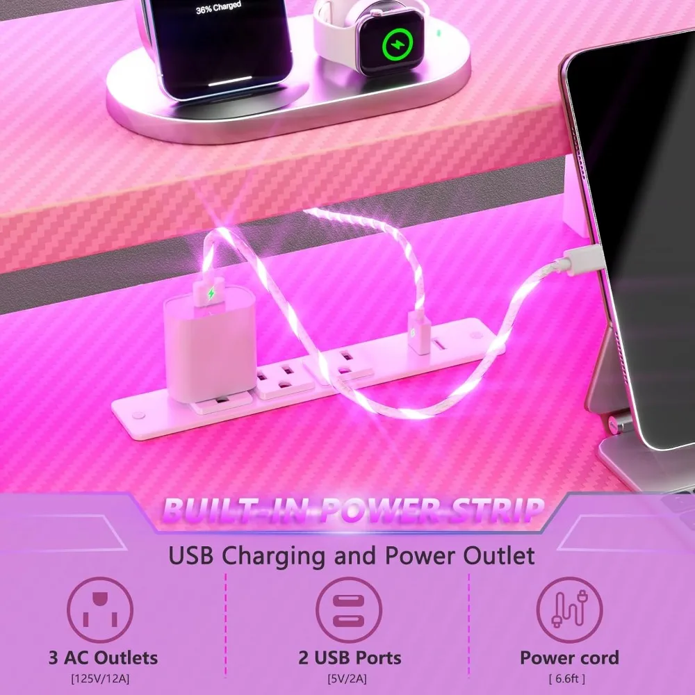 L-Shaped Pink Gaming Desk with 55 Inch LED-lit Corner Computer Desk and 3-Tier Storage Shelves