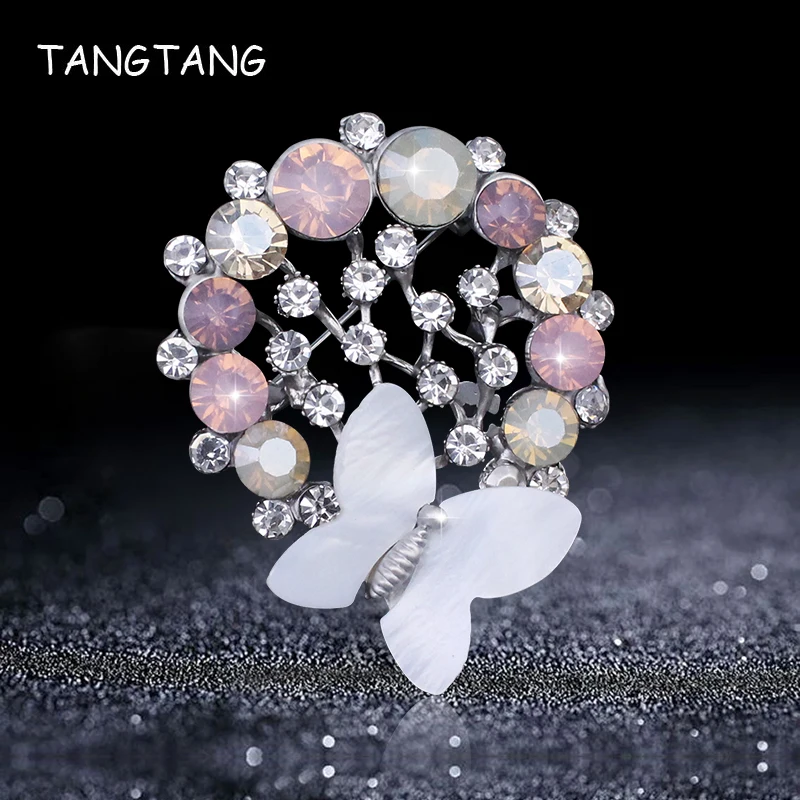 TANGTANG Butterfly Brooch For Mothe Lovely Shell Rhinestone Brooches Pink And Baby Blue Opal Stones Silvery Plating Brooch Pin