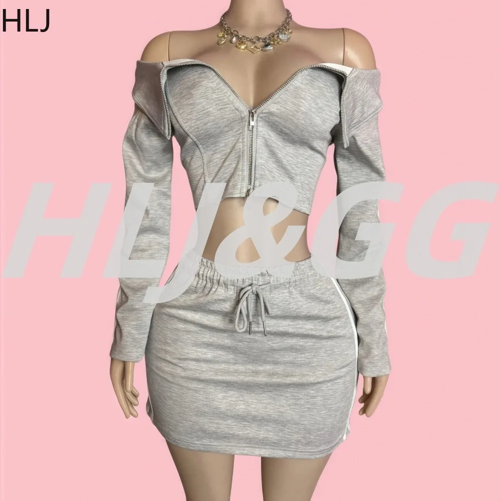 

HLJ Y2k Fashion Off Shouler 2 Piece Sets Woman Outfit Long Sleeves Zipper Crop Top and Skirt Suit Female Streetwear Clothing New