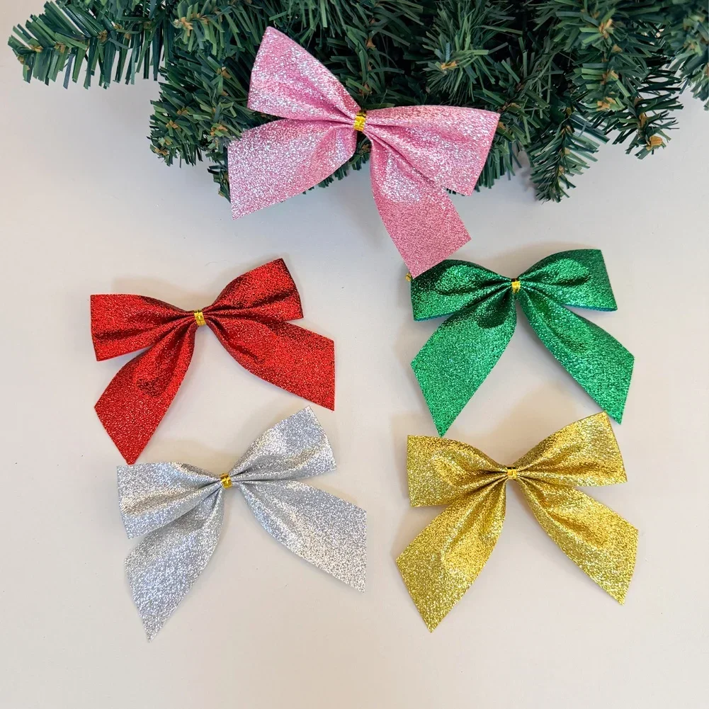 40PCS Glitter Christmas Bow Decoration 9cm Shiny Holiday Wreath Ornament New Xmas Tree Hanging Accessory For Home Party Decor