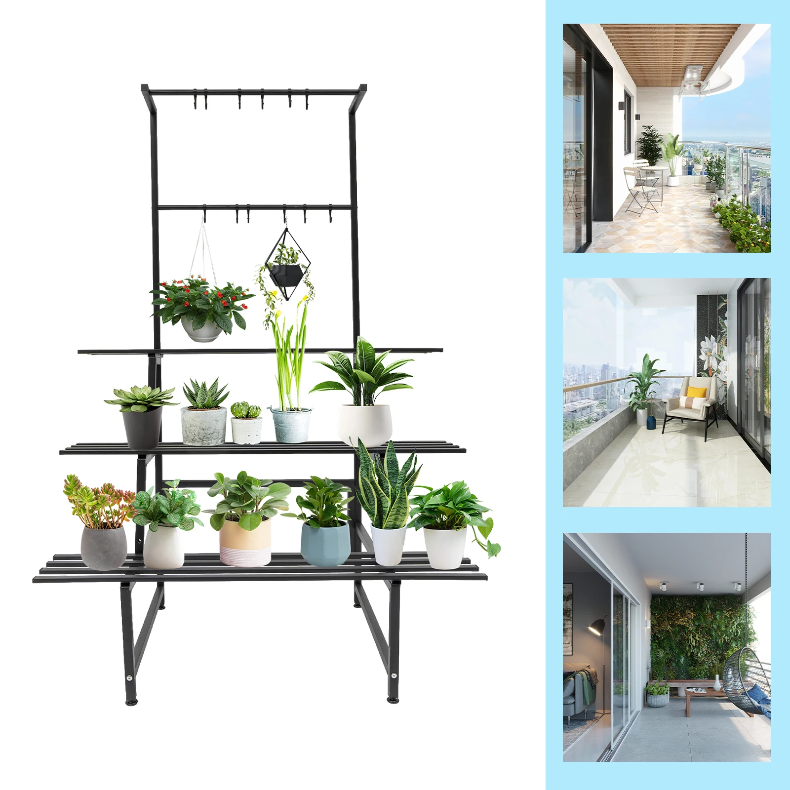 Outdoor 3-Tier Metal Plant Stand - Modern Black Carbon Steel Flowerpot Shelf Organizer with Hanging Rods for Garden and Home