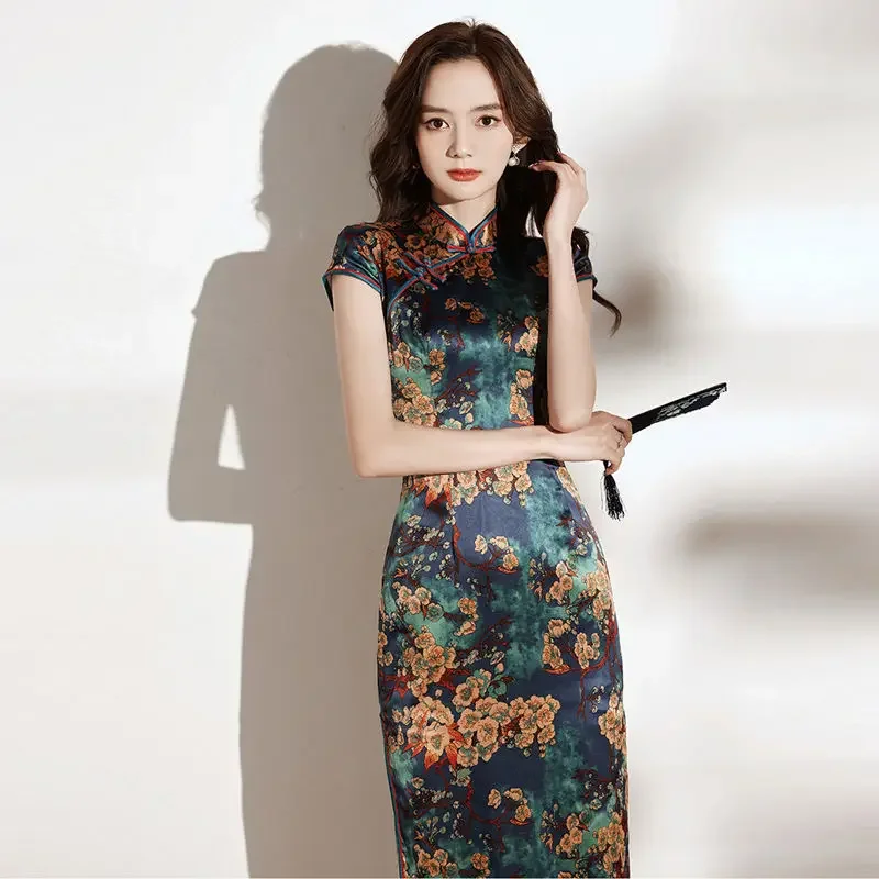 

Китайское женское платье Cheongsam, винтажное повседневное платье Ципао, лето 202, длинные элегантные платья для женщин, вечерние, свадебные, вечерние