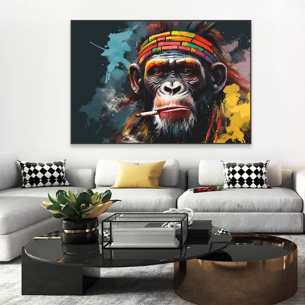 Large Nature Animal Poster Modern Chimpanzee Smoking Graffiti Art Pop Street Poster Canvas Prints Coloful Canvas Painting Decor