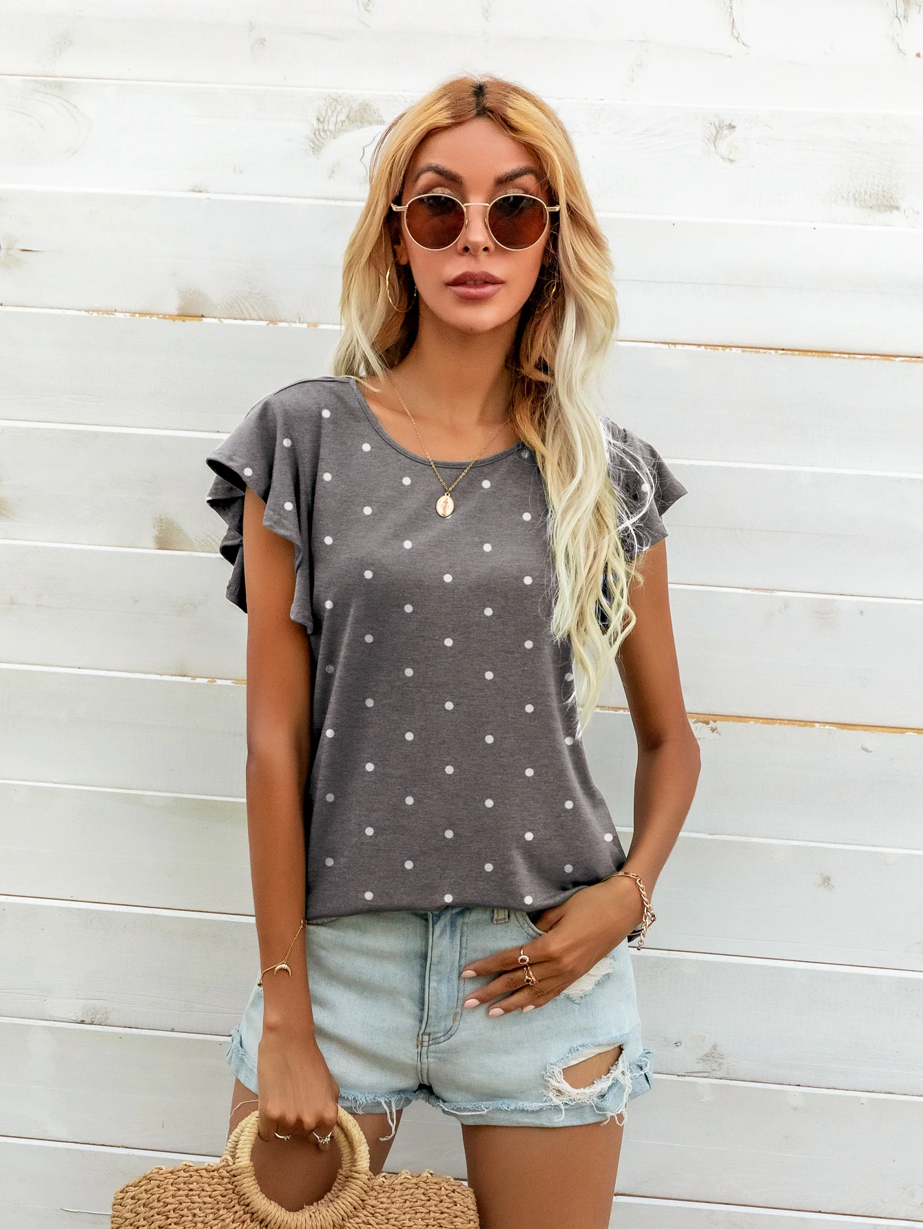 

LEVACA Polka Dot Tunic Tops Loose Fit Butterfly Sleeve Casual Round Neck T-Shirt For Womens Summer