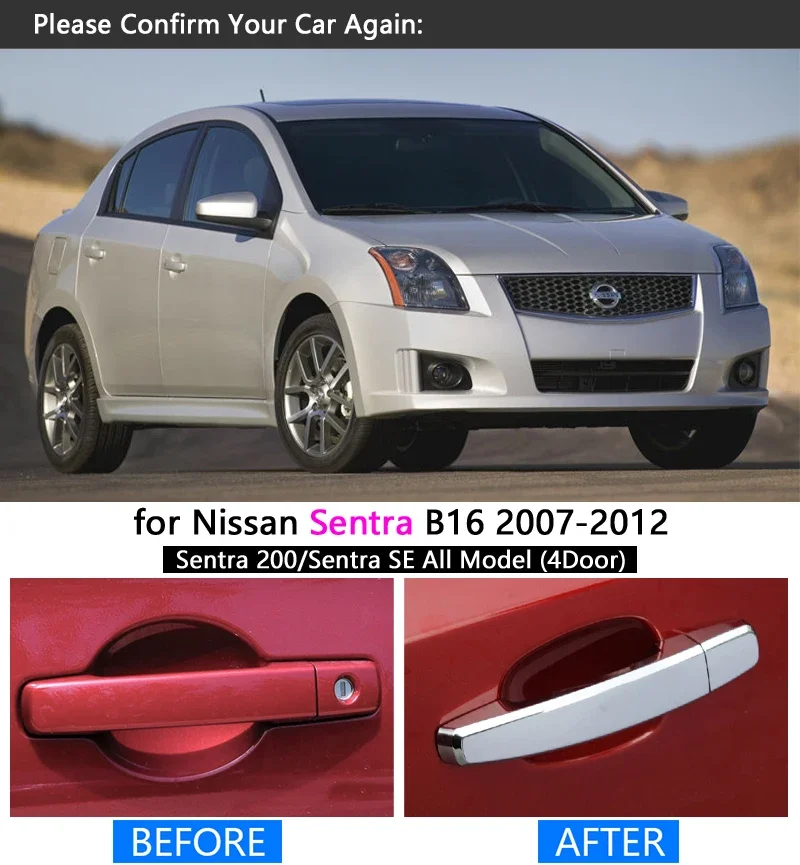 Car Chrome Door Handle Cover Trim Set for Nissan Sentra B16 2007 2008 2009 2010 2011 2012 Car Accessories Stickers Car Styling