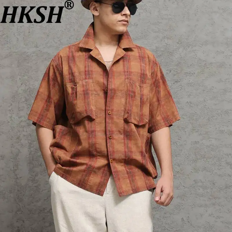 

HKSH Plaid Cuban Collar Shirt Short-Sleeve Men Tide Batik Distressed Spring Summer New Thin Chic Ins Vintage Fashion Top HK23715