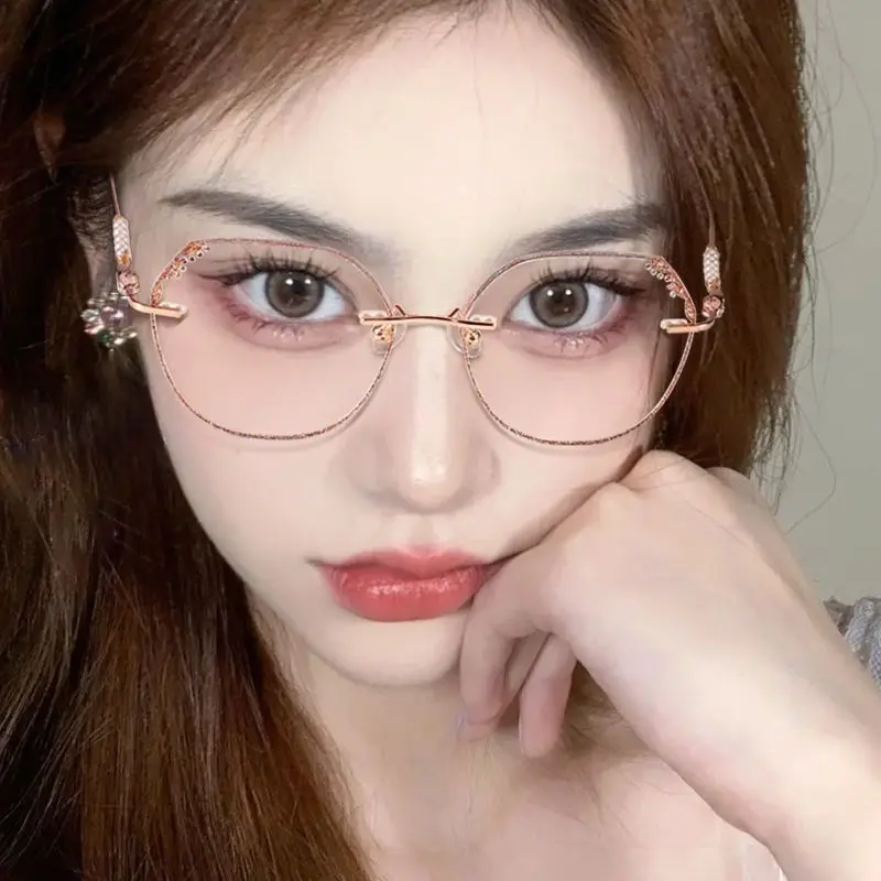 0 +1 +4.0New Borderless Starlight Sparkling Mermaid Tears Qomen's Anti Blue Light Reading Glasses Metal Diamond Pearl Frame Legs