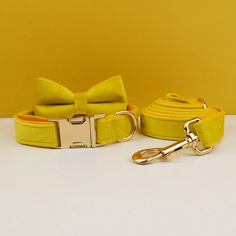 Yellow Velvet Dog Collar And Leash Set For Small Medium Large  Custom Engraved Nameplate Pet Supplies Dog Leash Velvet04