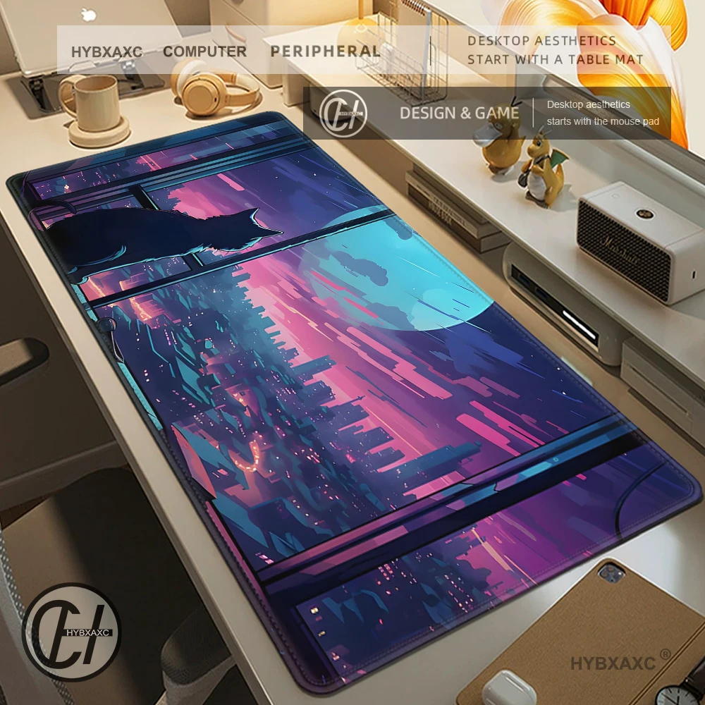 Alas Meja Ungu Alas Mouse Anime 100X50 Alas Mouse Kucing Hitam Keyboard Matt Xxl Vaporwave Neon City Cat Alas Meja Diperpanjang untuk Gamer