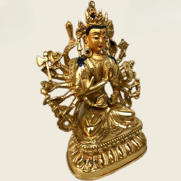 20cm Tibetan Esoteric Buddhism Full Gilded Open Face Painted Pure Copper Zhunti Buddha Mother Statue Ornament