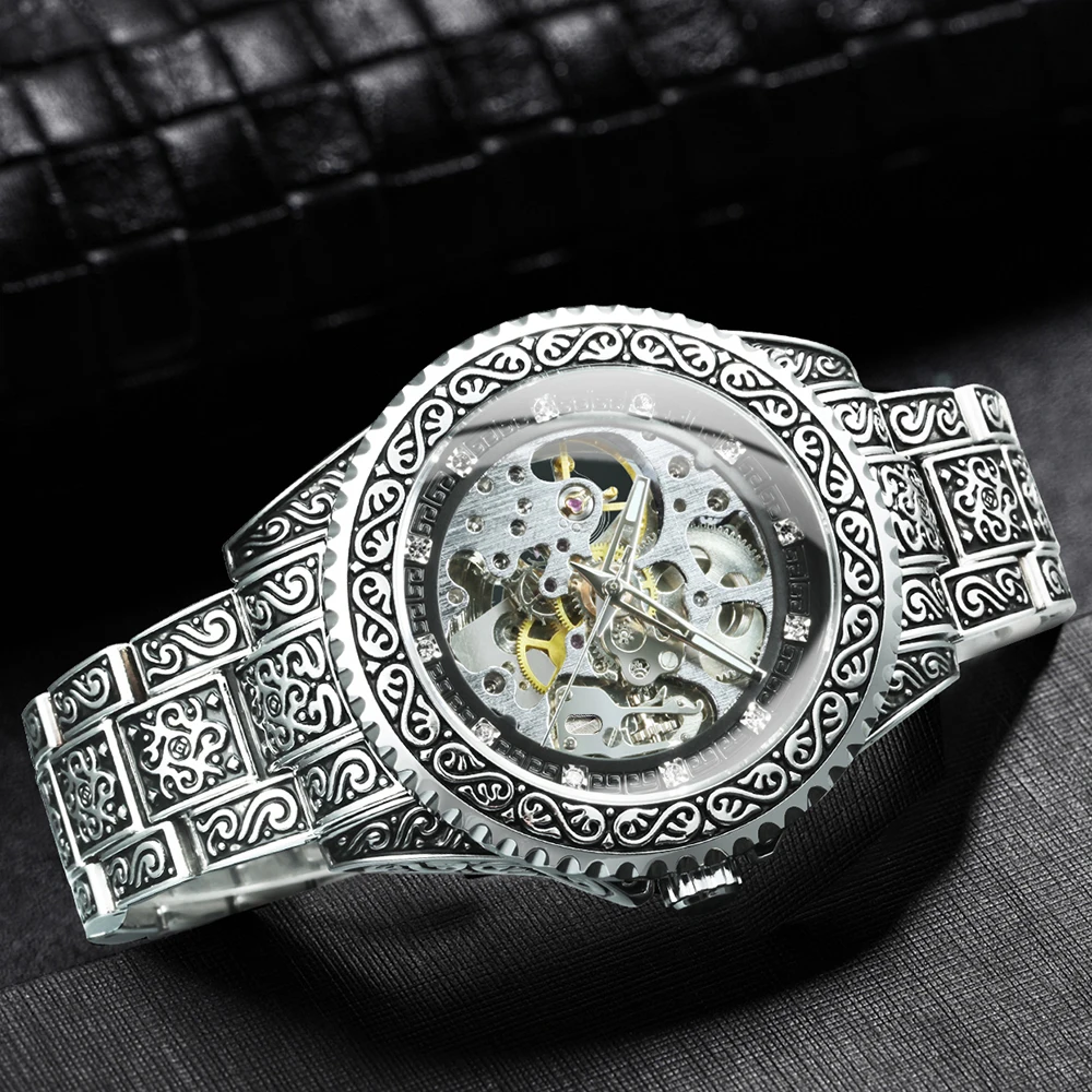 WINNER Luxury Skeleton Watch for Men Retro Engraved Rotating Bezel Stainless Steel Strap Business Automatic Mechanical Watches