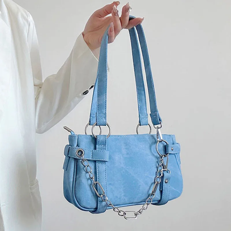 

2023 New Fashion Simple Solid Denim Blue Women's Shoulder Bags Personalized Versatile Chain Design Nylon Locomotive Bag Handbag