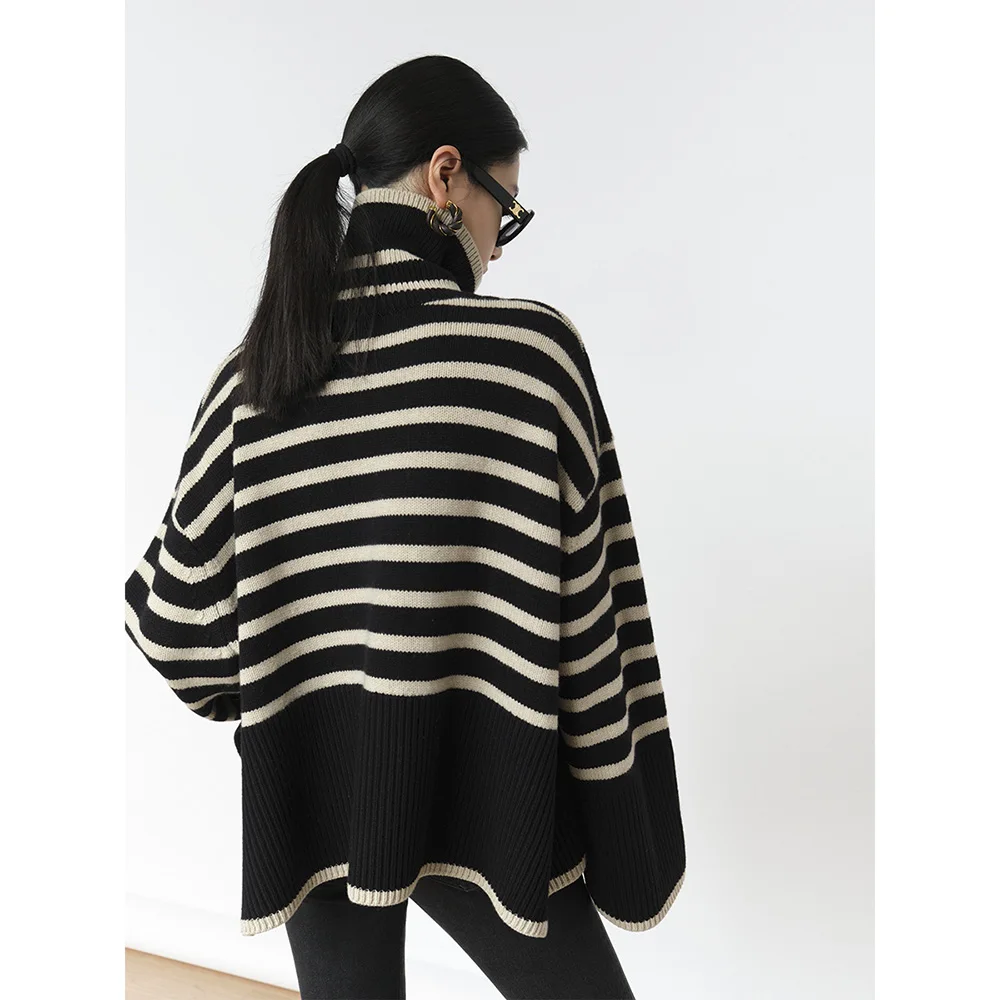 Ladies Autumn Winter Striped Knitted Loose Sweater Women Pullover Tops Long Sleeve Turtleneck Casual Oversize Streetwear