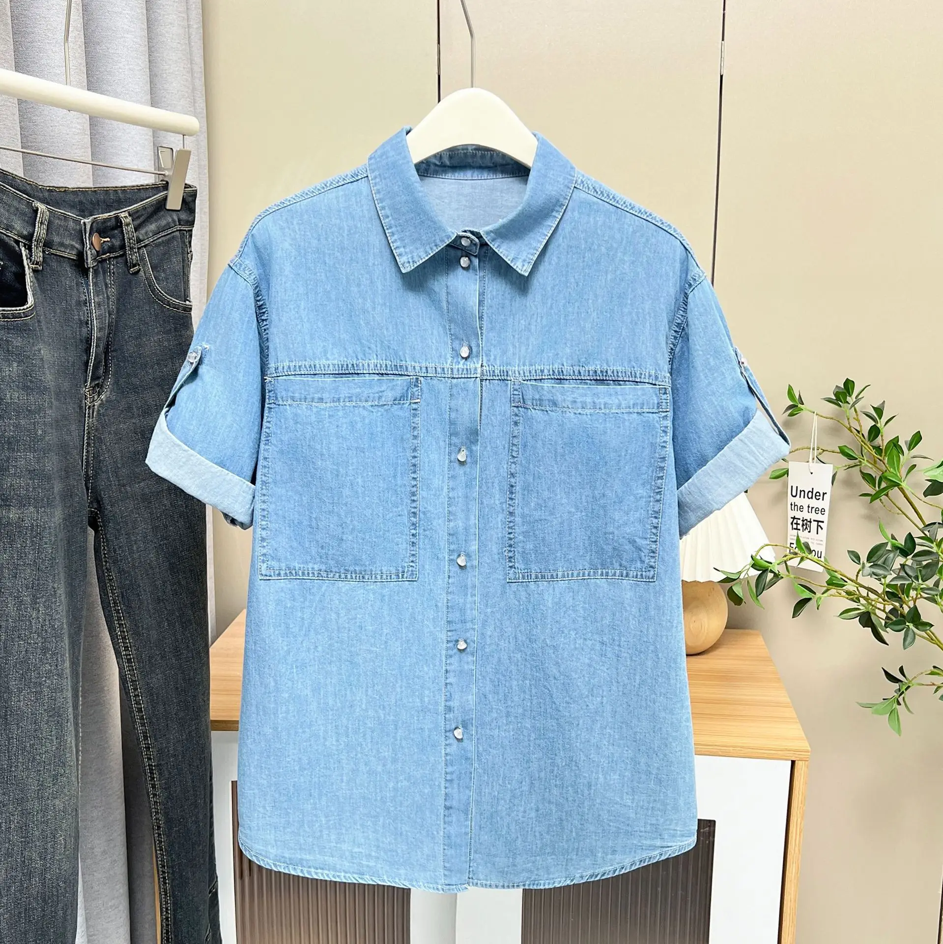 100กก.เสื้อฤดูร้อนแฟชั่นใหม่ครึ่งแขนเสื้อDenim Plusขนาดผู้หญิงTop 7149