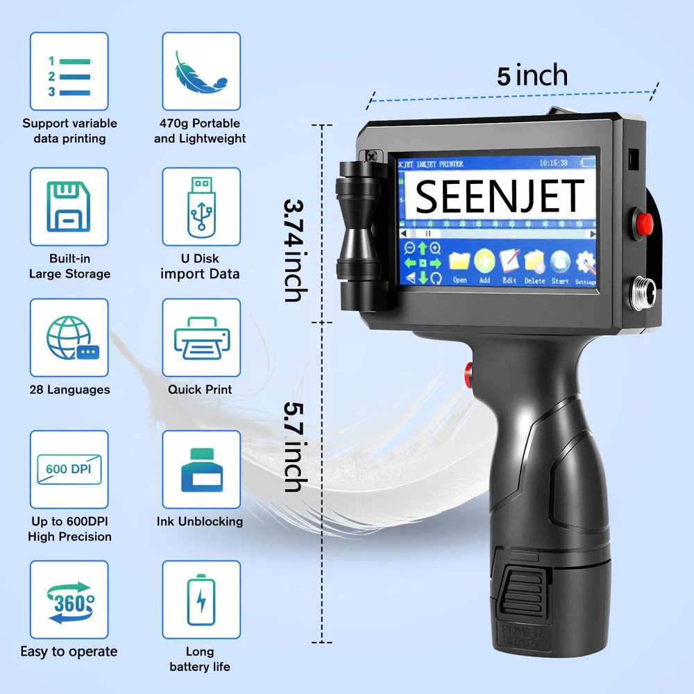 Handheld Inkjet Printer, Portable Coding Machine for Date Batch Number Logo Printing 5 Inch Screen