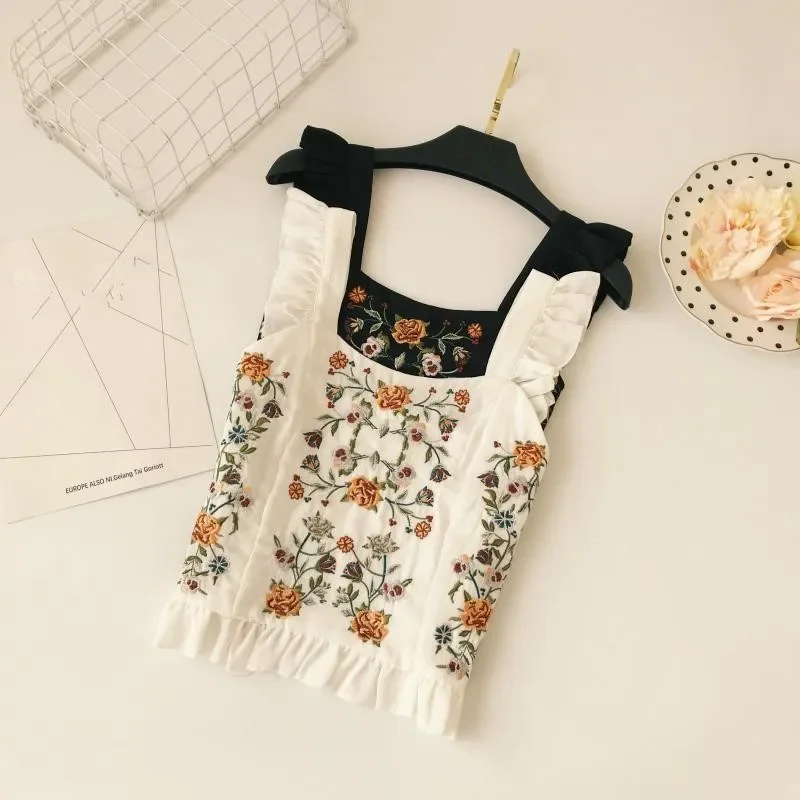 Neploe Bohemian Flower Embroidery Women Blusas 2024 Sexy Sleeveless Ruffles Slim Crop Top Summer Fashion Ladies Blouse 67020