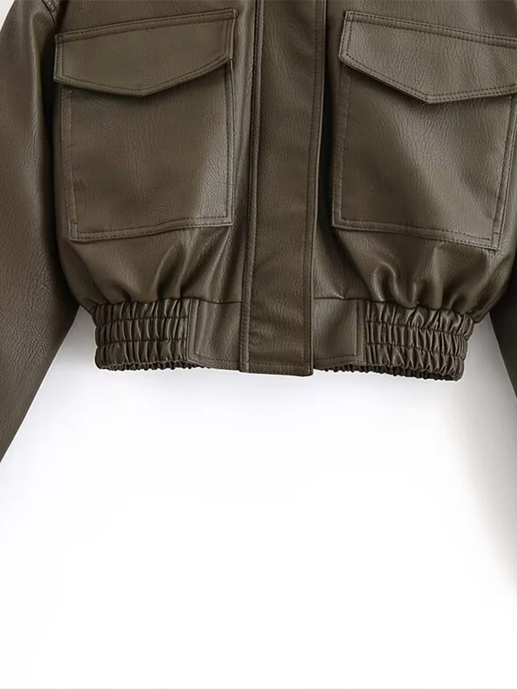 Europejska moda damska, uniwersalna, elegancka, błyszcząca kurtka z imitacji skóry, stójka, długi rękaw, krótka.