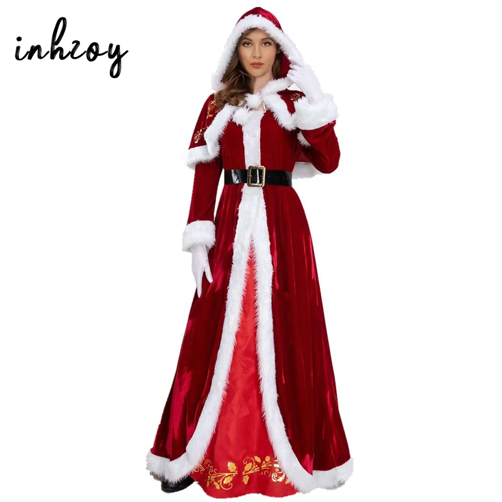 Womens Christmas Deluxe Mrs Santa Claus Costume Set Velvet Dress with Hooded Cape Belt Xmas New Year Cosplay Party Fancy Outfits