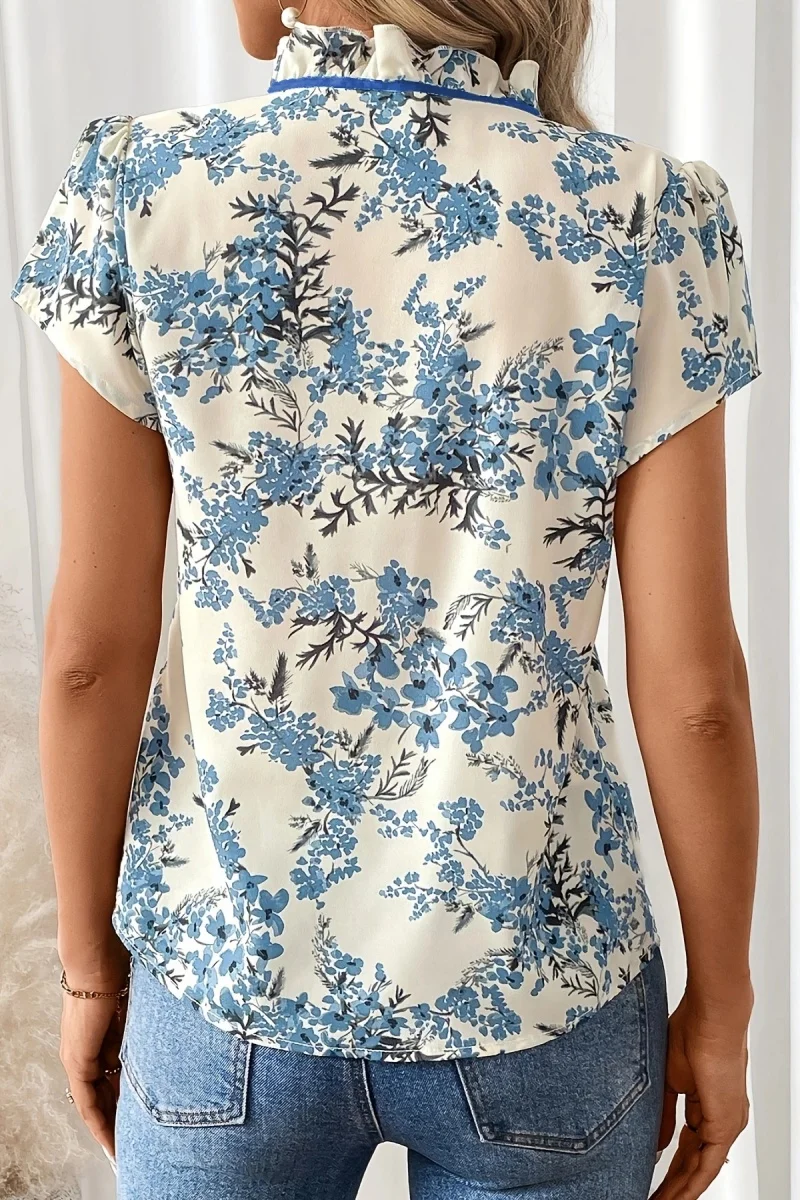 เสื้อเชิ้ตแขนสั้นผูกเชือกลายดอกไม้แฟชั่นสำหรับสุภาพสตรี