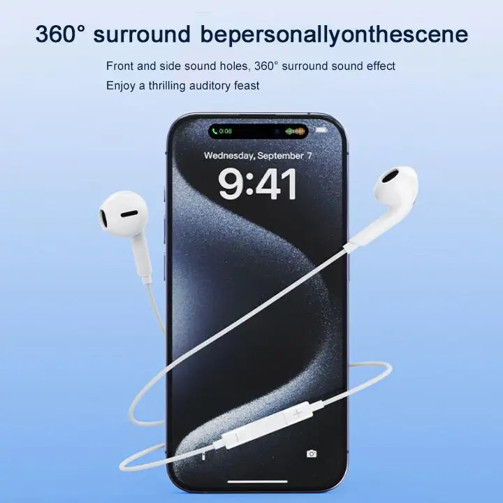 سماعات أذن سلكية ثلاثية الأبعاد من النوع C لهاتف Apple iPhone 17 16 15 Pro Max Plus 17 سماعات هوائية USB C للمكتب/الرياضة/الاستماع إلى الموسيقى